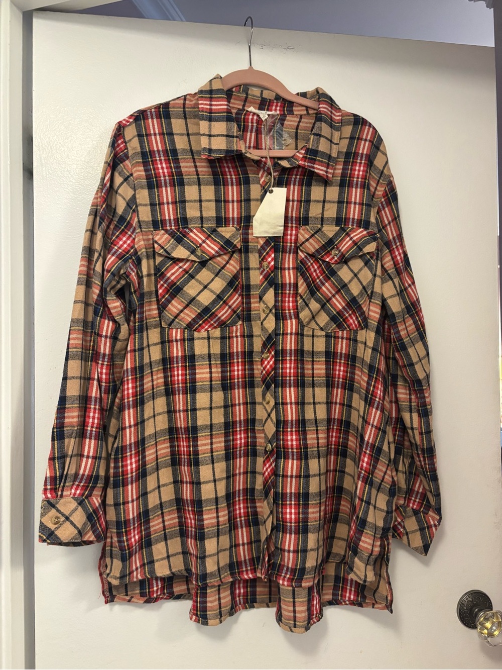 Women’s Easel new oversized Tan and Red Plaid Flannel Shirt long